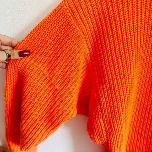 EXPRESS Neon Orange Chunky Thick Knit Tunic Pullover Crew Neck Cozy Sweater M - Picture 13 of 14